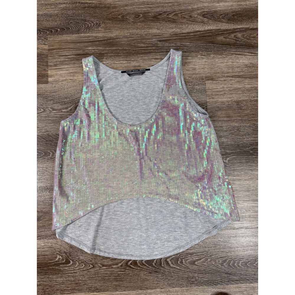 Guess Tank‎ Top Women's Small Gray Iridescent Sequin High Low Retro Glam Rock